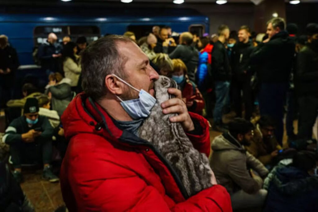 proprietario con gatto in un rifugio