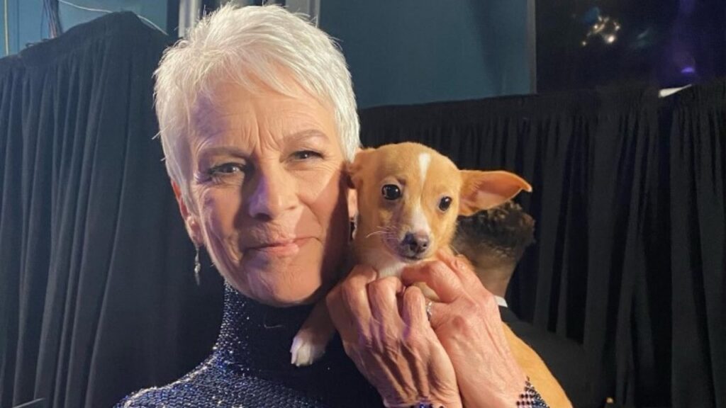 Jamie Lee Curtis con un cucciolo agli Oscar