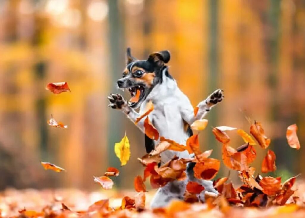 cane gioca con foglie rosse