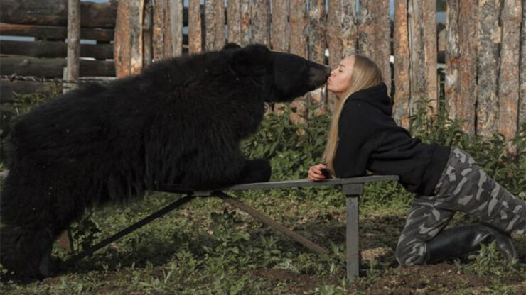 Ragazza bacia sulla bocca orso