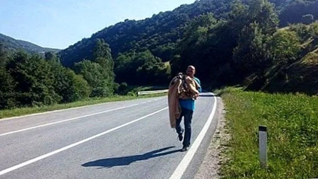 uomo salva cane dalla strada